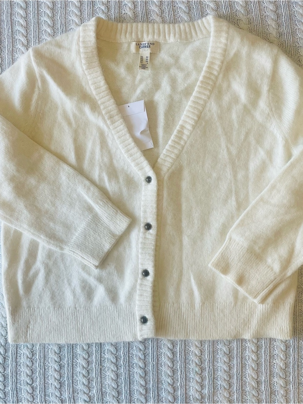 Lands' End Ivory V-Neck Button Front Angora Cropped Cardigan